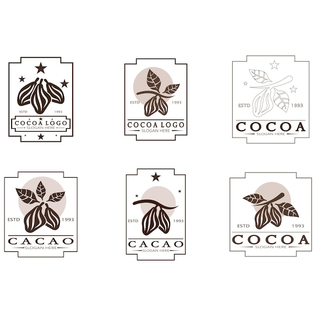 Logotipo de cacao grano de cacao árbol de cacao ramas y hojas de cacao chocolate