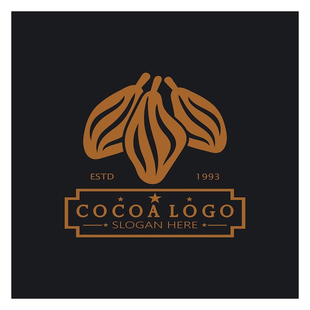 Vector logotipo de cacao, grano de cacao, árbol de cacao, ramas y hojas de cacao, mezcla de chocolate sobre fondo blanco, vintage