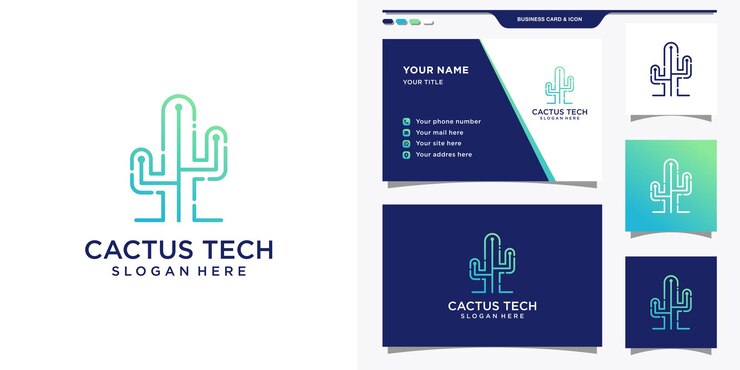 Vector logotipo de cactus con estilo tecnológico degradado y diseño de tarjeta de visita.
