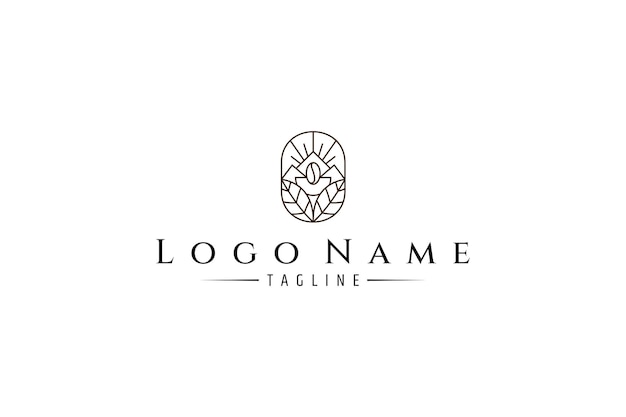 logotipo de café con combinación de montaña natural y hojas naturales en arte de línea de marco oval