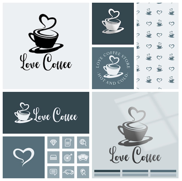 logotipo de café simple con patrón sin costuras y plantilla de maqueta