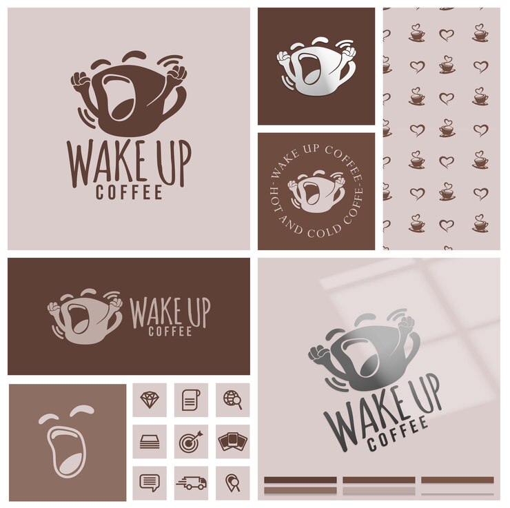 Vector logotipo de café simple con patrón sin costuras y plantilla de maqueta