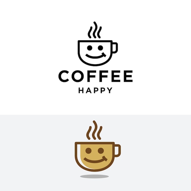 logotipo de café taza de café con vector de icono de logotipo de línea de cara feliz para negocio de cafetería y restaurante