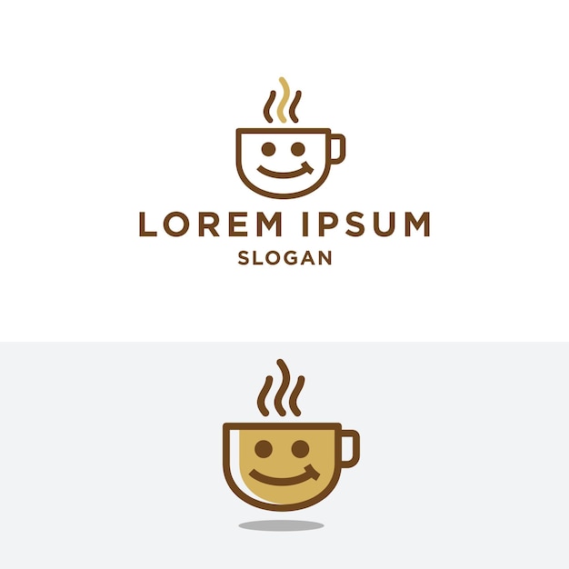 logotipo de café taza de café con vector de icono de logotipo de línea de cara feliz para negocio de cafetería y restaurante