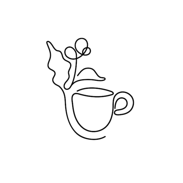 Logotipo de café Taza de línea de arte vectorial y ramita Mínimo