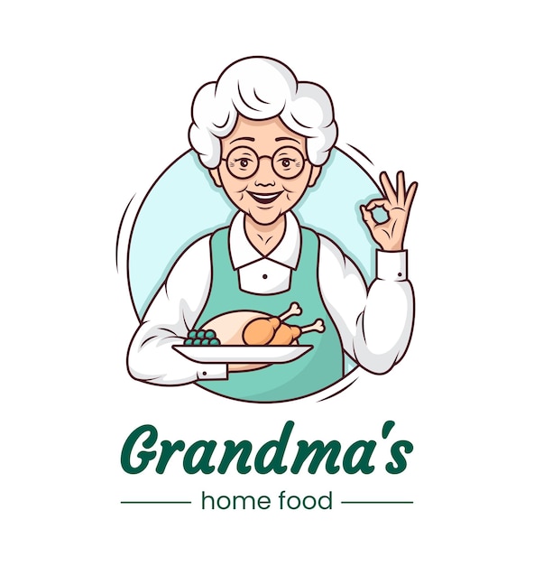 Logotipo de la cafetería de cocina de las abuelas diseño de dibujos animados de personajes lindos plantilla ilustración de línea vectorial