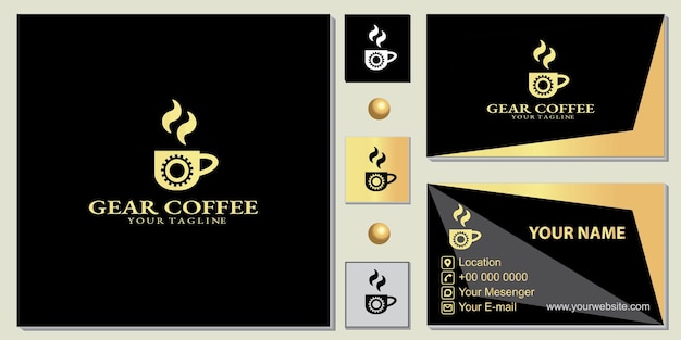 Logotipo de la cafetería de engranajes de oro de lujo, negro simple, plantilla de tarjeta de visita premium gratis, vector eps 10