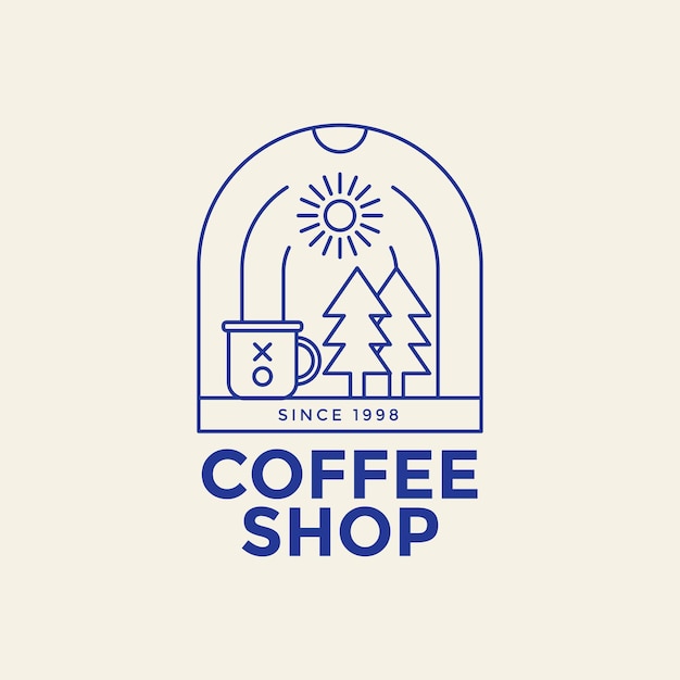 logotipo de cafetería monoline con árboles e ilustración de taza