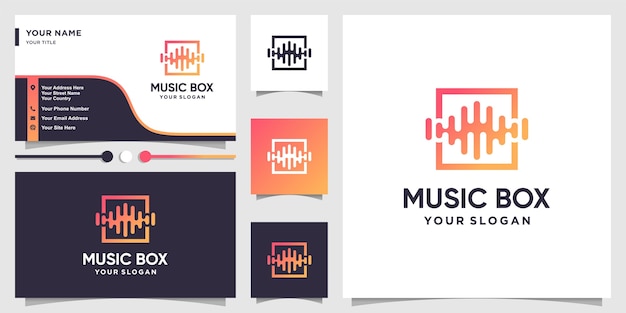 Logotipo de caja de música con estilo de arte de línea moderna y diseño de tarjeta de visita