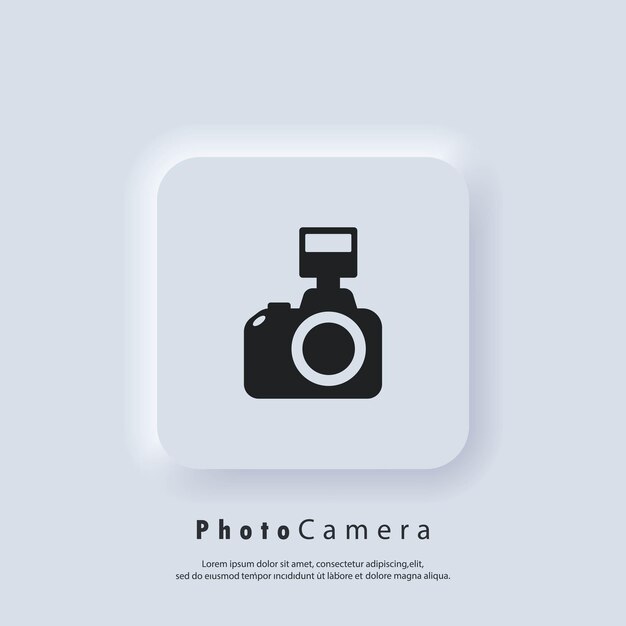 Logotipo de la cámara de fotos. Icono de cámara. Concepto de fotografía. Vector. Botón web de interfaz de usuario blanco Neumorphic UI UX. Neumorfismo