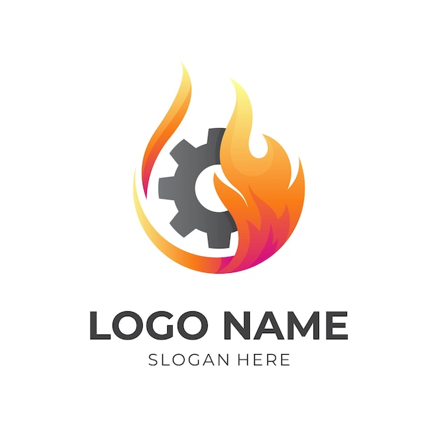 Logotipo de camión de bomberos vector logotipo de combinación de fuego y equipo con estilo de color naranja 3d