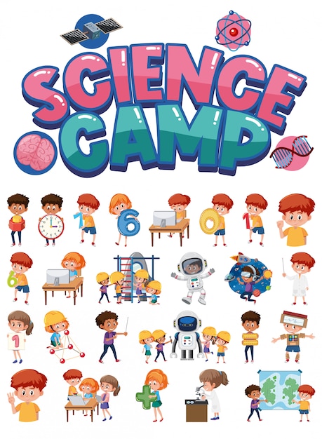 Logotipo del campamento de ciencia y conjunto de niños con objetos educativos aislados