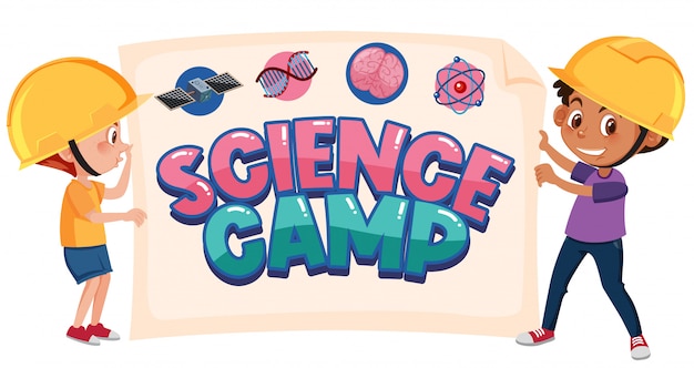 Logotipo del campamento de ciencia con dos niños con traje de ingeniero aislado