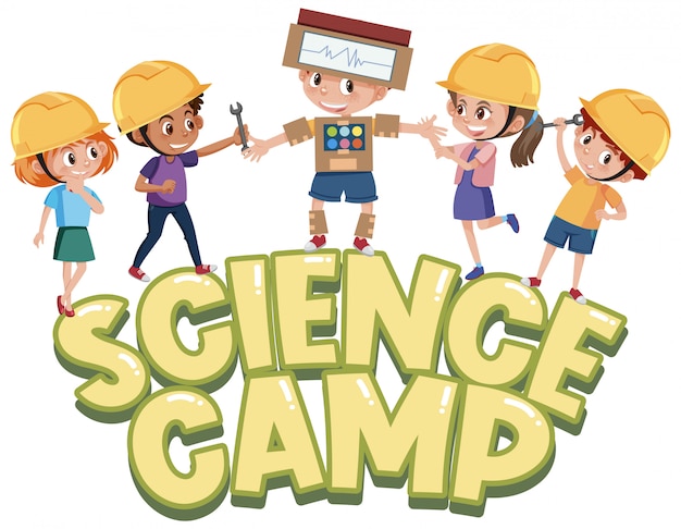 Logotipo del campamento de ciencias con niños con sombrero de ingeniero aislado