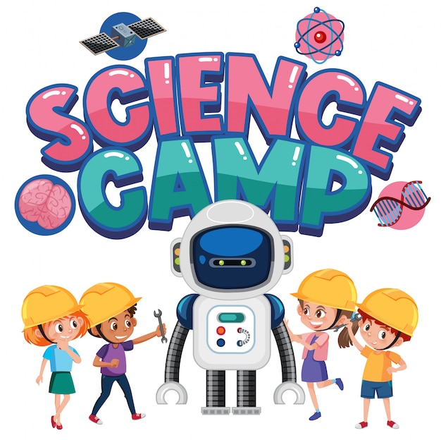 Logotipo del campamento de ciencias con niños vestidos con traje de ingeniero aislado