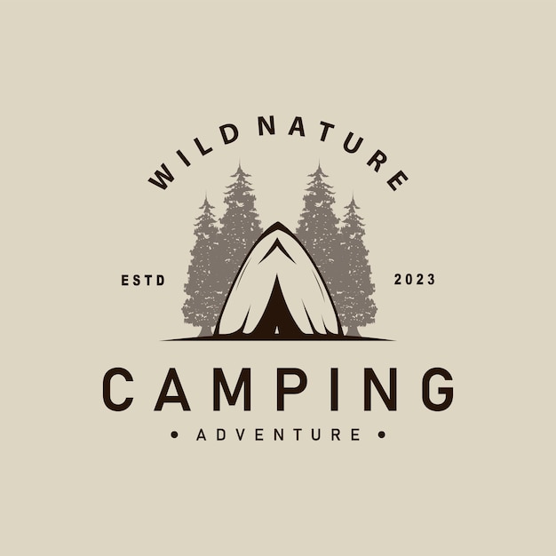 Logotipo del campamento diseño de bosque salvaje aventura al aire libre ilustración de árboles y tienda simple