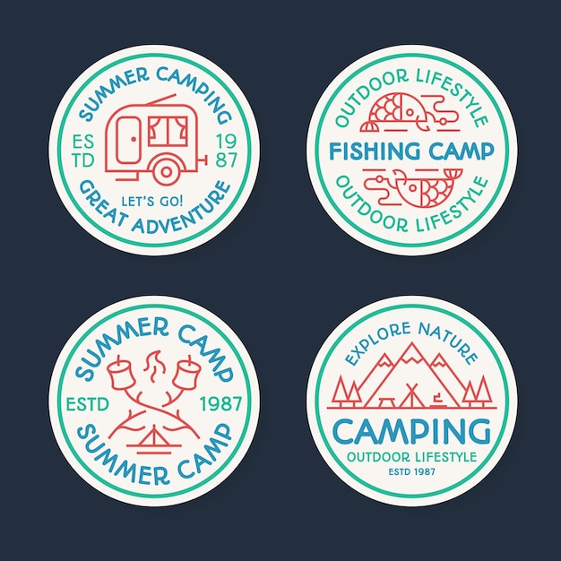 Vector el logotipo del campamento tiene un estilo de línea de colores que consta de tienda, pescado, fuego, camper, montañas, árboles para símbolo turístico, emblema de exploración, insignia de viaje, etiqueta de expedición, impresión de camiseta, cartel, pancarta, campamento para niños