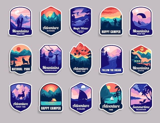 Logotipo del campamento de verano Dibujos animados vintage viajes al aire libre y emblema de senderismo con tienda de campaña forestal o montañas Viaje de invierno Aventura en el parque nacional Vacaciones extremas Vector retro camping insignias aisladas conjunto