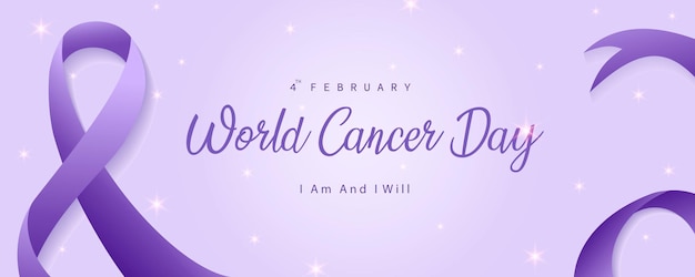 Vector logotipo de la campaña del día mundial del cáncer color púrpura cinta del cáncer mundial cartel o pancarta del día mundial del cáncer