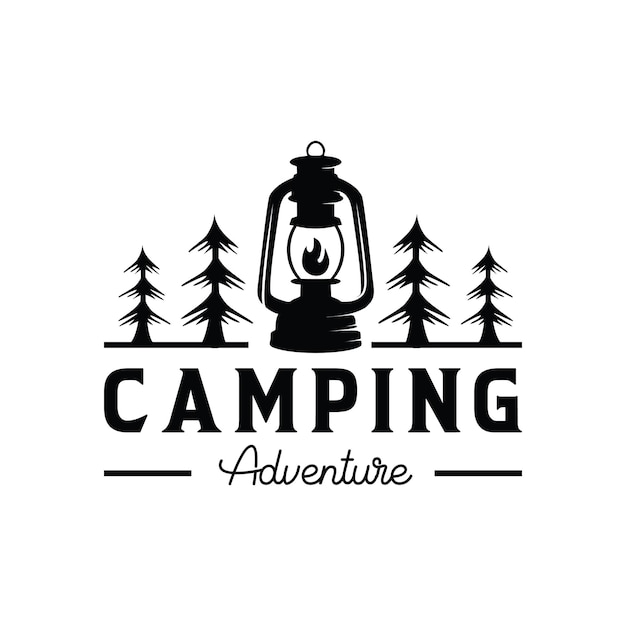 logotipo de camping dibujado a mano con linterna Bosque de emblema vintage