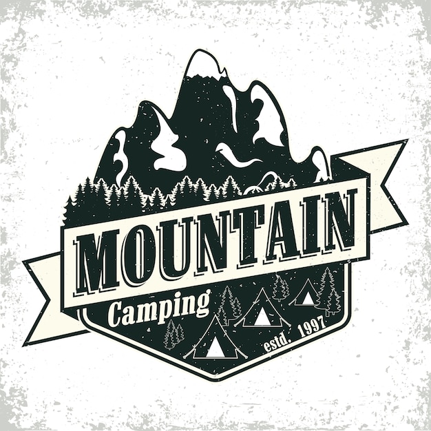 Vector logotipo de camping o turismo vintage, sello de impresión de grange, emblema de tipografía creativa,