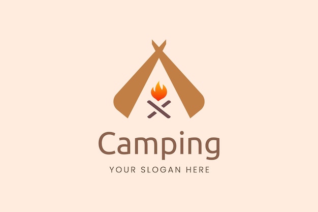 Vector logotipo de camping simple con forma de carpa y hoguera.