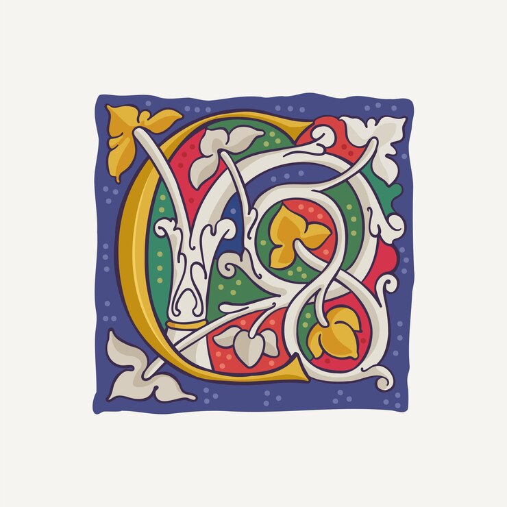 Vector logotipo de capitular de letra c con vid blanca entrelazada y elementos de caligrafía dorada emblema inicial renacentista