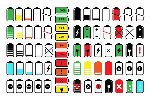 Logotipo de carga completa Subir nivel de estado de energía Enchufe cargador móvil Gadgets de teléfono inteligente Acumulador de interfaz de usuario signos vacíos Indicador de energía eléctrica Conjunto de iconos de interfaz de ilustración vectorial