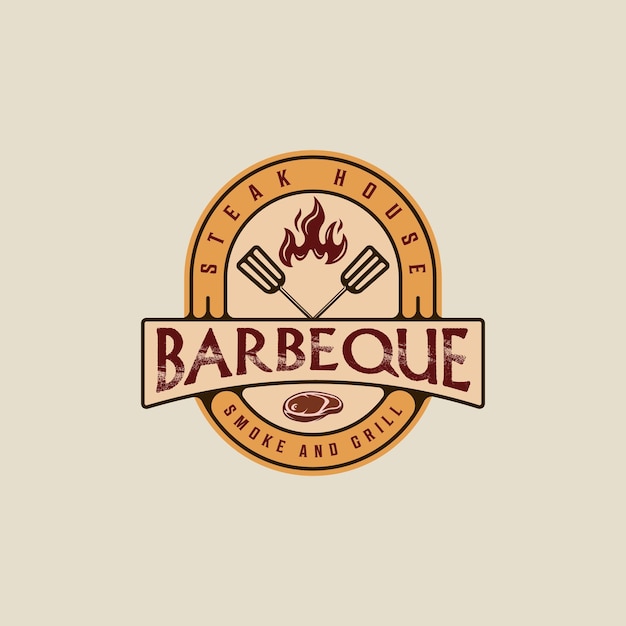 Logotipo de la carne de barbacoa emblema de vector ilustración plantilla icono diseño gráfico parrilla de barbacoa con llama