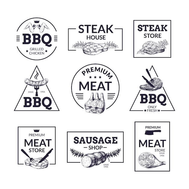 Vector logotipo de carne carnicería de carnes dibujadas a mano y etiquetas de mercado con salchichas o bocetos de rebanadas de cerdo letreros de restaurante de barbacoa premium aislados conjunto de sellos en blanco y negro vectorial