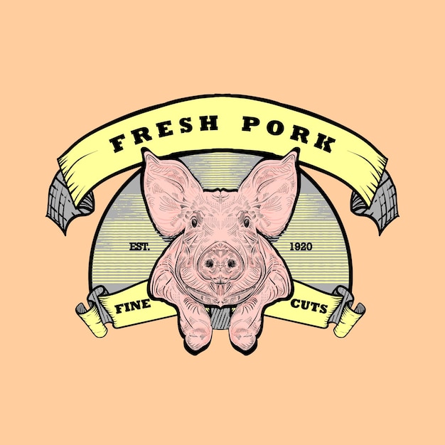 Vector logotipo de carne de cerdo fresca. ilustración de grabado vintage con cinta.