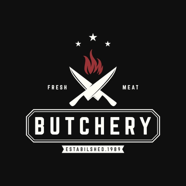 Logotipo de carnicero vintage con cuchillo, carne fresca, logotipo para negocios, carnicería, restaurante, insignia y etiqueta