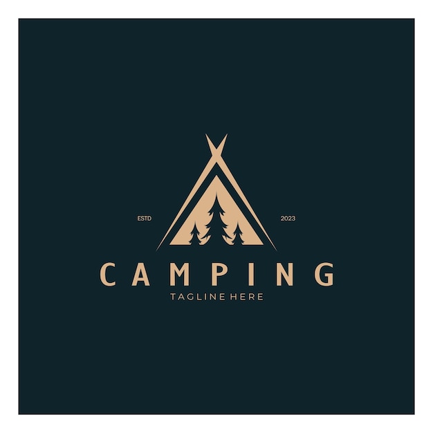 Logotipo de carpa vintage y retro camping con árbol de carpa y letrero de hoguera aventureros exploradores escaladores