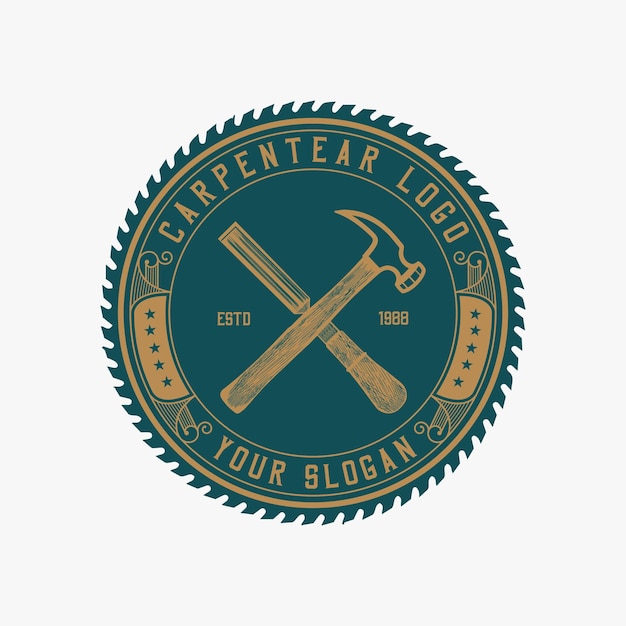 Logotipo de carpintería con ilustración vectorial Martillo Sierras de acero Carpintero y hacha retro vintage logo