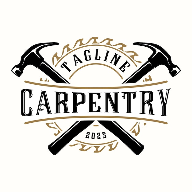 Logotipo de carpintería vintage con icono vectorial de plano de mano con decoración estilo vintage para carpentería