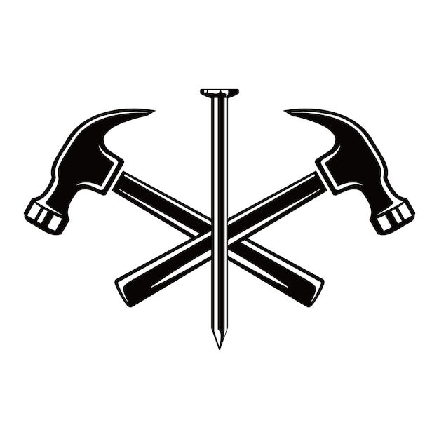 Logotipo de carpintero con martillos cruzados y clavo de metal. símbolo de martillo y clavo, icono de carpintería