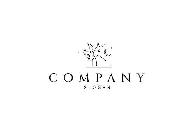 Logotipo de la casa con árbol natural decorado con luna y estrellas en estilo de diseño de arte en línea
