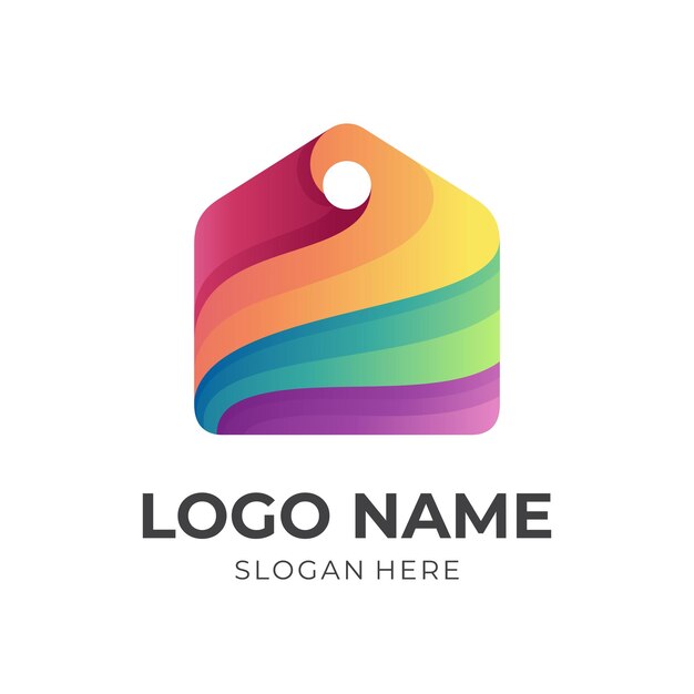 Logotipo de la casa, casa y etiqueta, logotipo de combinación con estilo colorido 3d