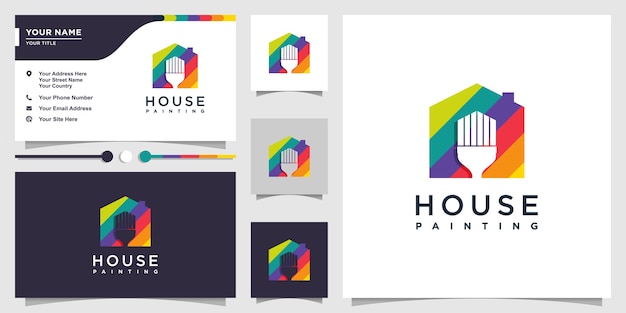 Logotipo de la casa con concepto de pincel de pintura de color y negocio