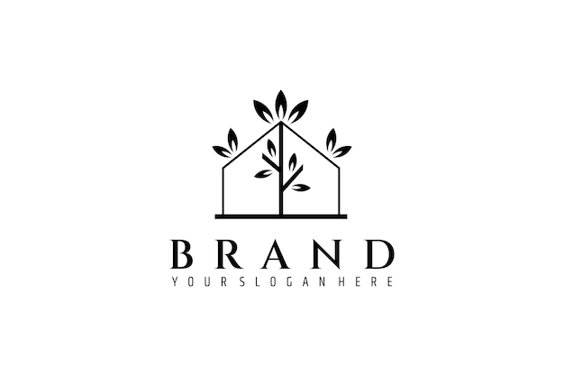 Logotipo de la casa con decoración de hojas en estilo de diseño de arte en línea