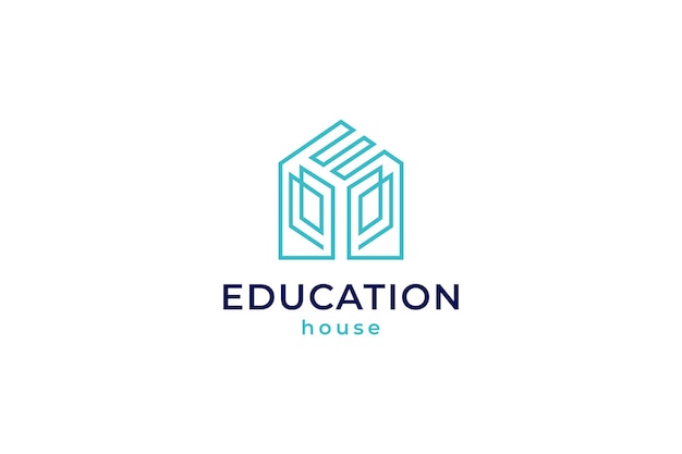 Logotipo de la casa educativa con libro de la casa y concepto de forma de letra e en un estilo de diseño de una línea