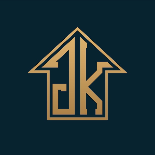 Logotipo de la casa de lujo JK Letra dorada elegante JK en fondo oscuro para bienes raíces de primera calidad