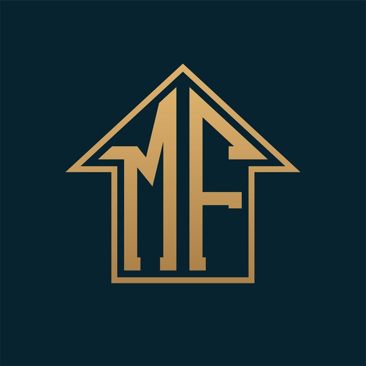 Vector logotipo de la casa de lujo mf letra dorada elegante mf en fondo oscuro para bienes raíces de primera calidad
