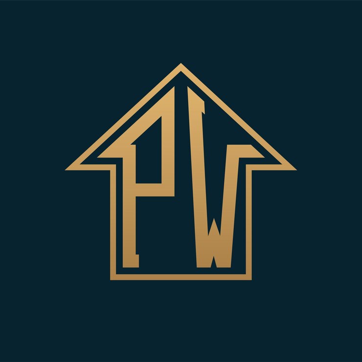 Vector logotipo de la casa de lujo pw elegante letra dorada pw en fondo oscuro para bienes raíces premium