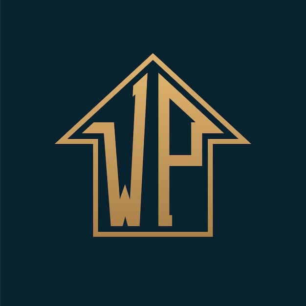 Logotipo de la casa de lujo WP Letra dorada elegante WP en fondo oscuro para bienes raíces premium