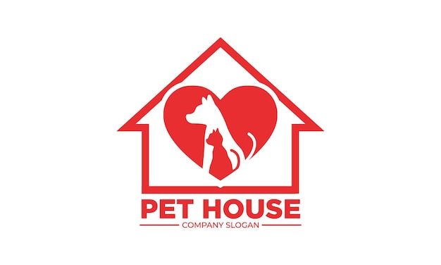 Logotipo de la casa de mascotas o logotipo de la casa de mascotas Diseño de logotipo o icono de amor de mascotas de perros y gatos o diseño de aplicaciones