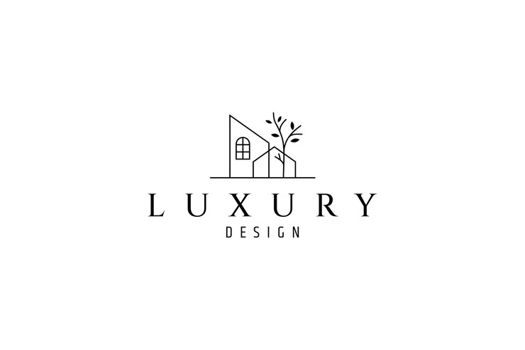 logotipo de casa con plantas de árboles en estilo de diseño de arte de línea
