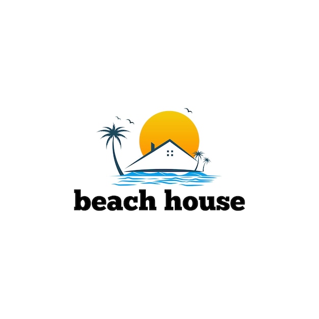 logotipo de la casa de playa con palmeras y olas icono de la casa de playa diseño de playa ilustración vectorial
