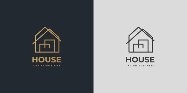 Logotipo de la casa Símbolo de la casa dorada Estilo lineal geométrico aislado en fondo doble