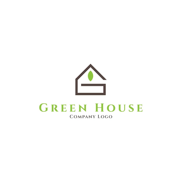 Logotipo de casa verde con la letra g y decoración de hojas en un estilo de diseño de línea simple